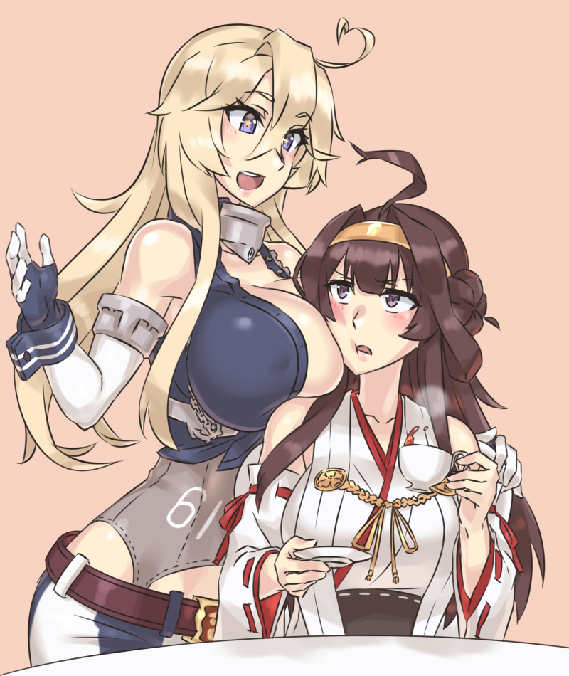 2girls, ahoge, anchor, blonde_hair, blue_eyes, breasts, brown_hair, cleavage