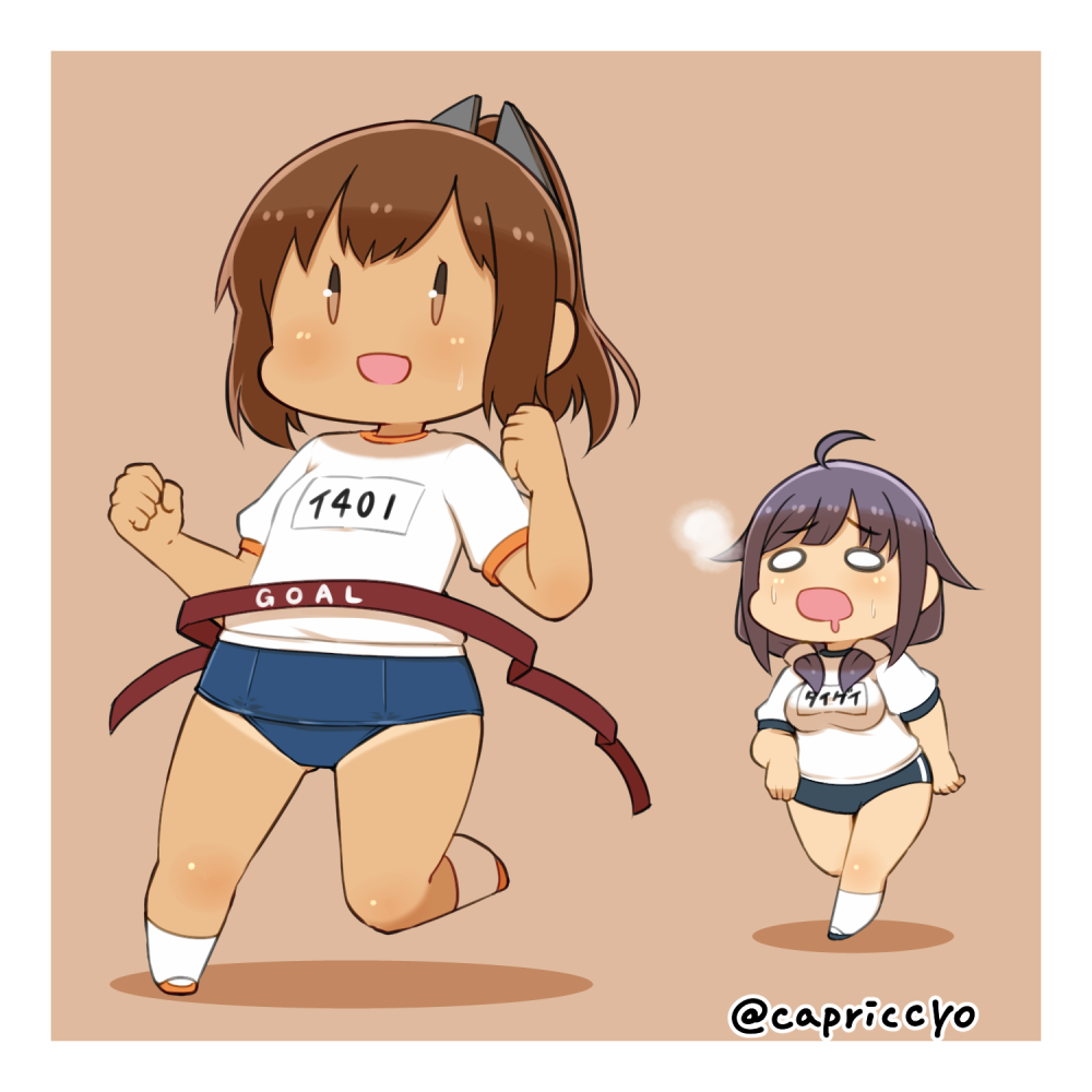 2girls, breasts, breath, brown_hair, buruma, capriccyo, chibi, gym_uniform