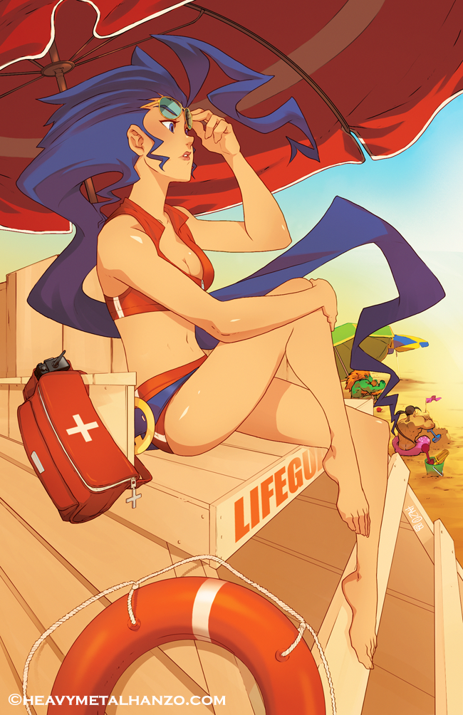 1girl, 2boys, adjusting_sunglasses, ahoge, barefoot, beach, beach_umbrella, blanka, breasts, bucket, cleavage, flag, hibiki_dan, innertube, lifeguard, lifeguard_chair, long_hair, metalhanzo, multiple_boys, purple_hair, rose_(street_fighter), sand, sand_bucket, sand_castle, sand_sculpture, shovel, sitting, solo, street_fighter, sunglasses, swimsuit, swimwear, toes, umbrella, worktool