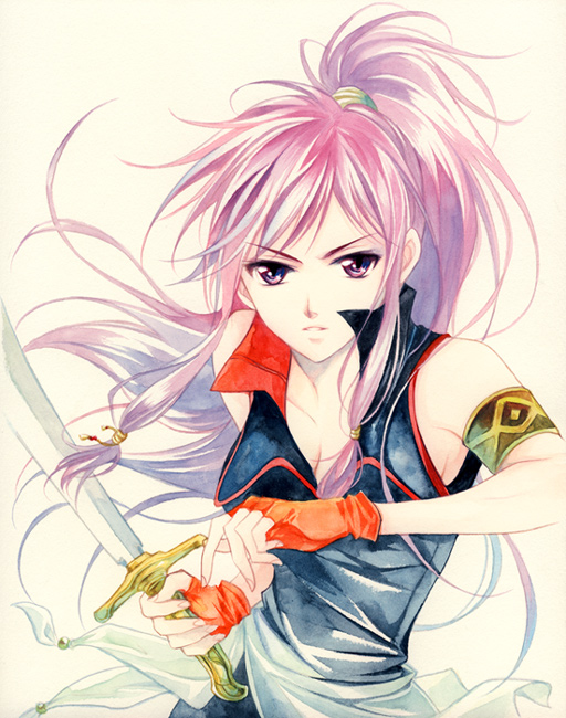 armband, fingerless_gloves, fire_emblem, fire_emblem:_seima_no_kouseki, fire_emblem_sacred_stones, gloves, long_hair, marisa, marisa_(fire_emblem), ponytail, purple_eyes, purple_hair, simple_background, sword, violet_eyes, weapon