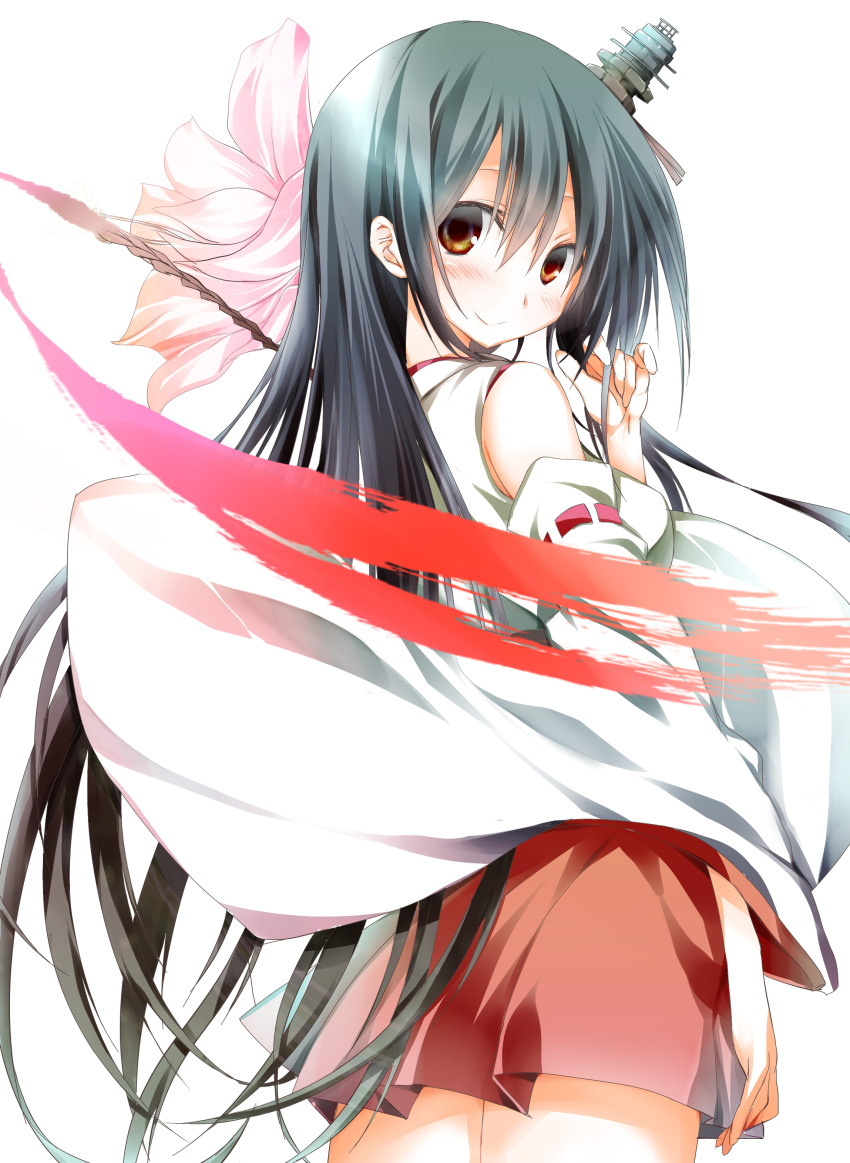 1girl, absurdres, back, black_hair, blouse, brown_eyes, detached_sleeves, flower