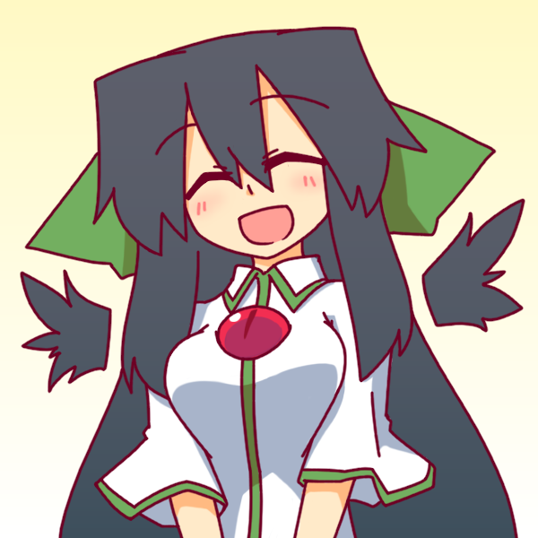 1girl, black_hair, breasts, closed_eyes, happy, kakinoki_mikan_(kari), large_breasts, long_hair, mini_wings, open_mouth, reiuji_utsuho, smile, touhou, v_arms, very_long_hair