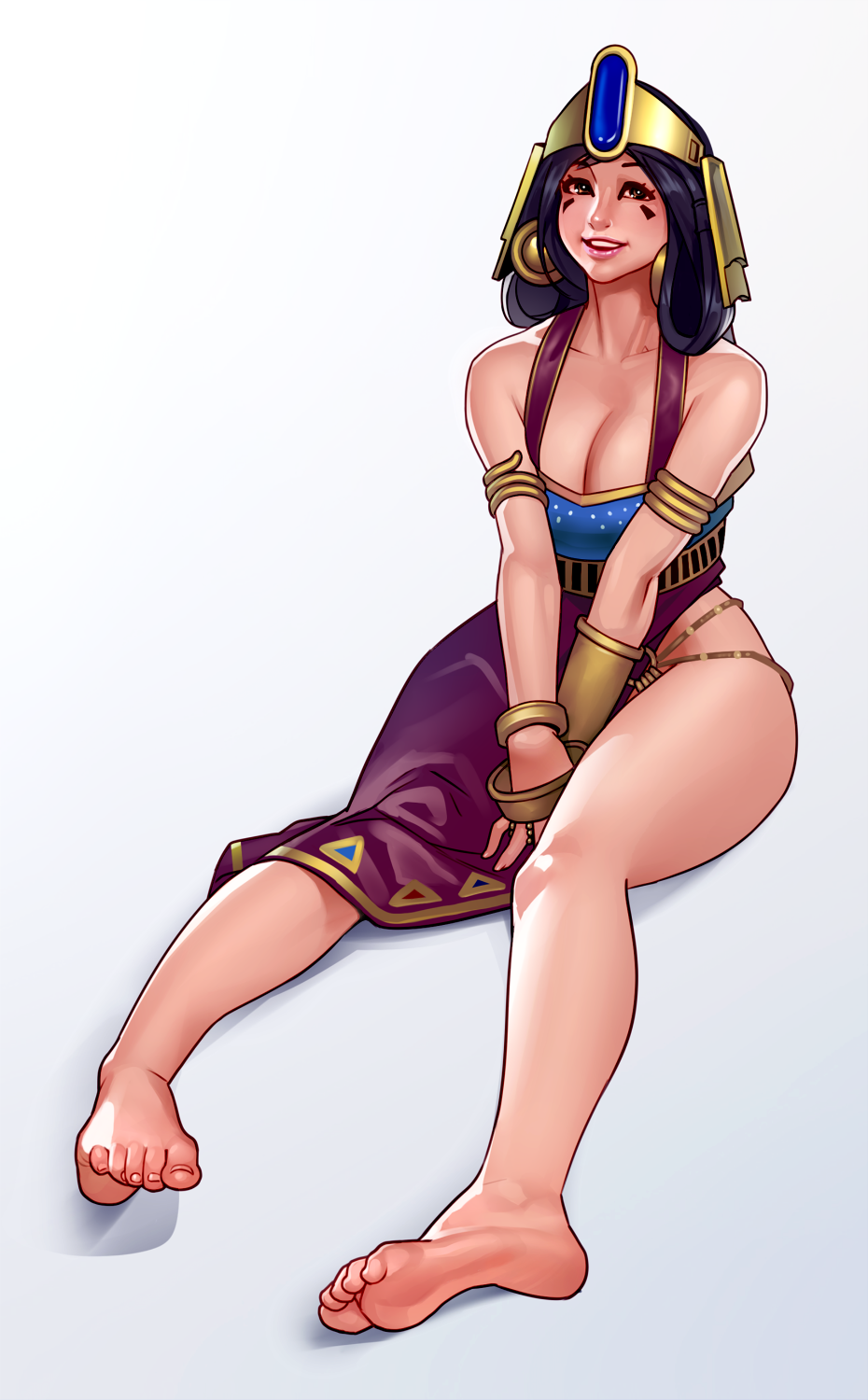 1girl, armlet, asymmetrical_clothes, barefoot, black_hair, bracelet, bracer, breasts