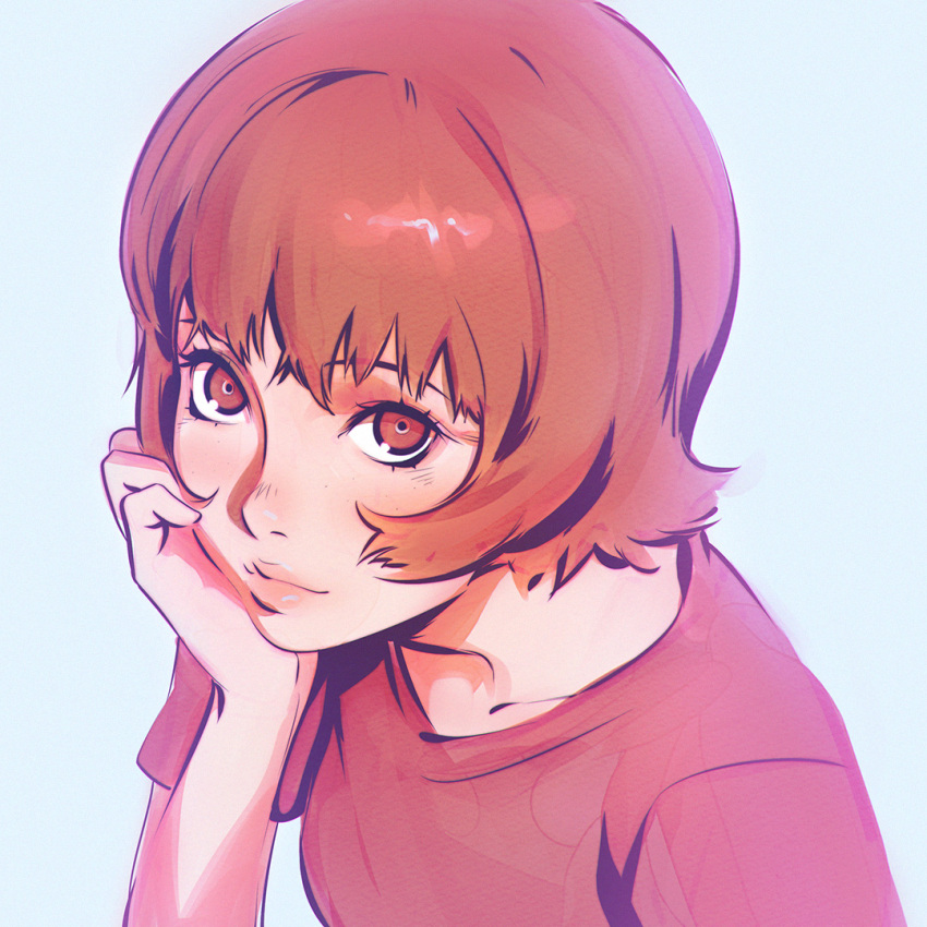 1girl, ilya_kuvshinov, looking_at_viewer, paprika, paprika_(character), red_eyes, redhead, short_hair, simple_background, solo