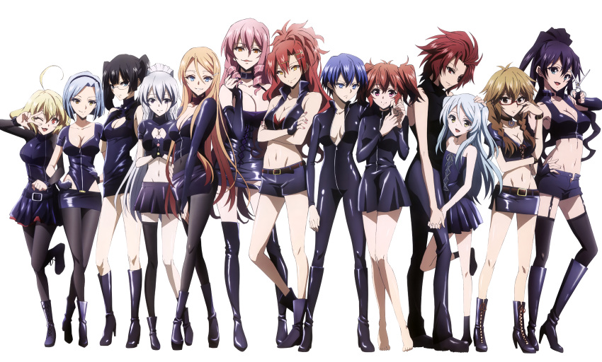6+girls, absurdres, ahoge, akuma_no_riddle, asymmetrical_legwear, azuma_tokaku, banba_mahiru, barefoot