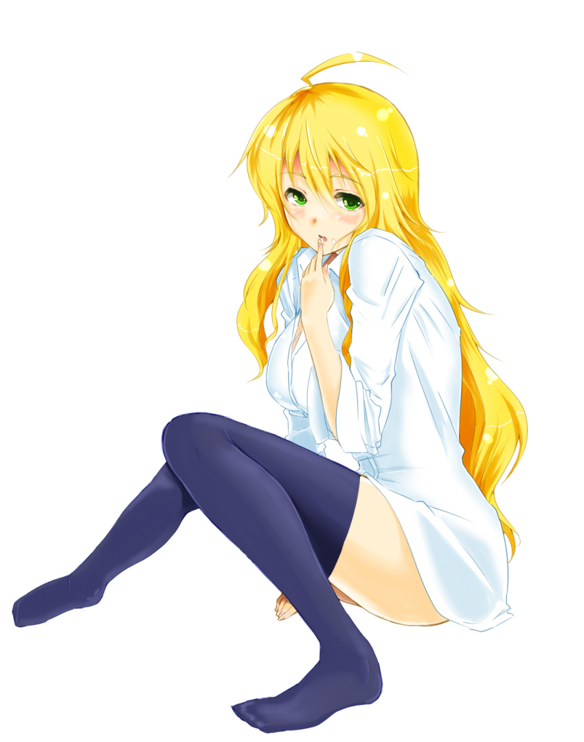 1girl, blonde_hair, blue_legwear, dress_shirt, finger_to_mouth, green_eyes, highres, hoshii_miki