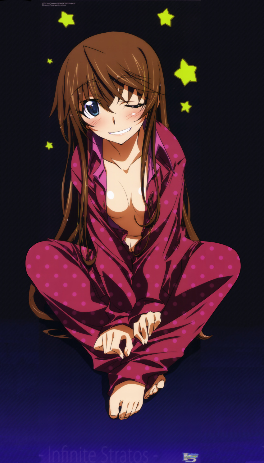 1girl, absurdres, barefoot, blue_eyes, breasts, brown_hair, cleavage, collarbone