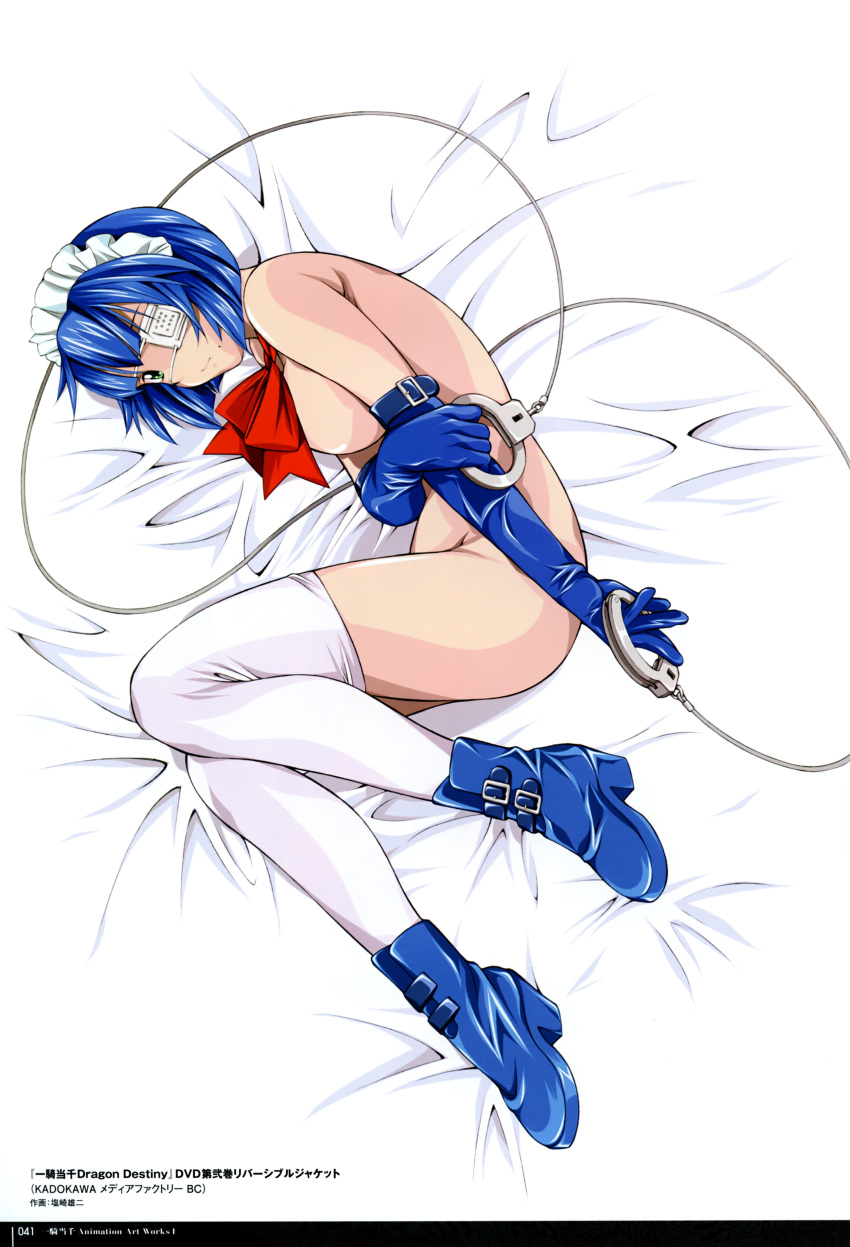 1girl, absurdres, bed_sheet, blue_gloves, blue_hair, breasts, copyright_name, cuffs, elbow_gloves, eyepatch, gloves, green_eyes, handcuffs, highres, ikkitousen, lying, mole, mole_under_mouth, nude, on_side, ryomou_shimei, shiozaki_yuji, short_hair, sideboob, solo, thigh-highs, white_legwear