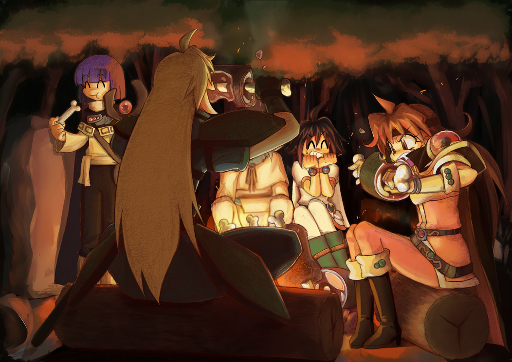 amelia_wil_tesla_seyruun, boned_meat, campfire, closed_eyes, eating, fire, food, forest, gourry_gabriev, kitsunemu, lina_inverse, log, meat, nature, slayers, xelloss, zelgadiss_graywords
