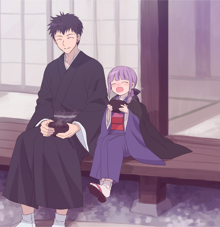 1boy, 1girl, braid, closed_eyes, dangan_ronpa, dangan_ronpa_kirigiri, father_and_daughter, hair_ribbon