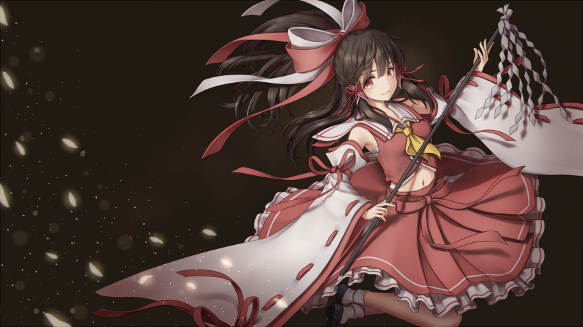 1girl, ascot, black_background, bow, brown_hair, detached_sleeves, dtvisu, frilled_skirt