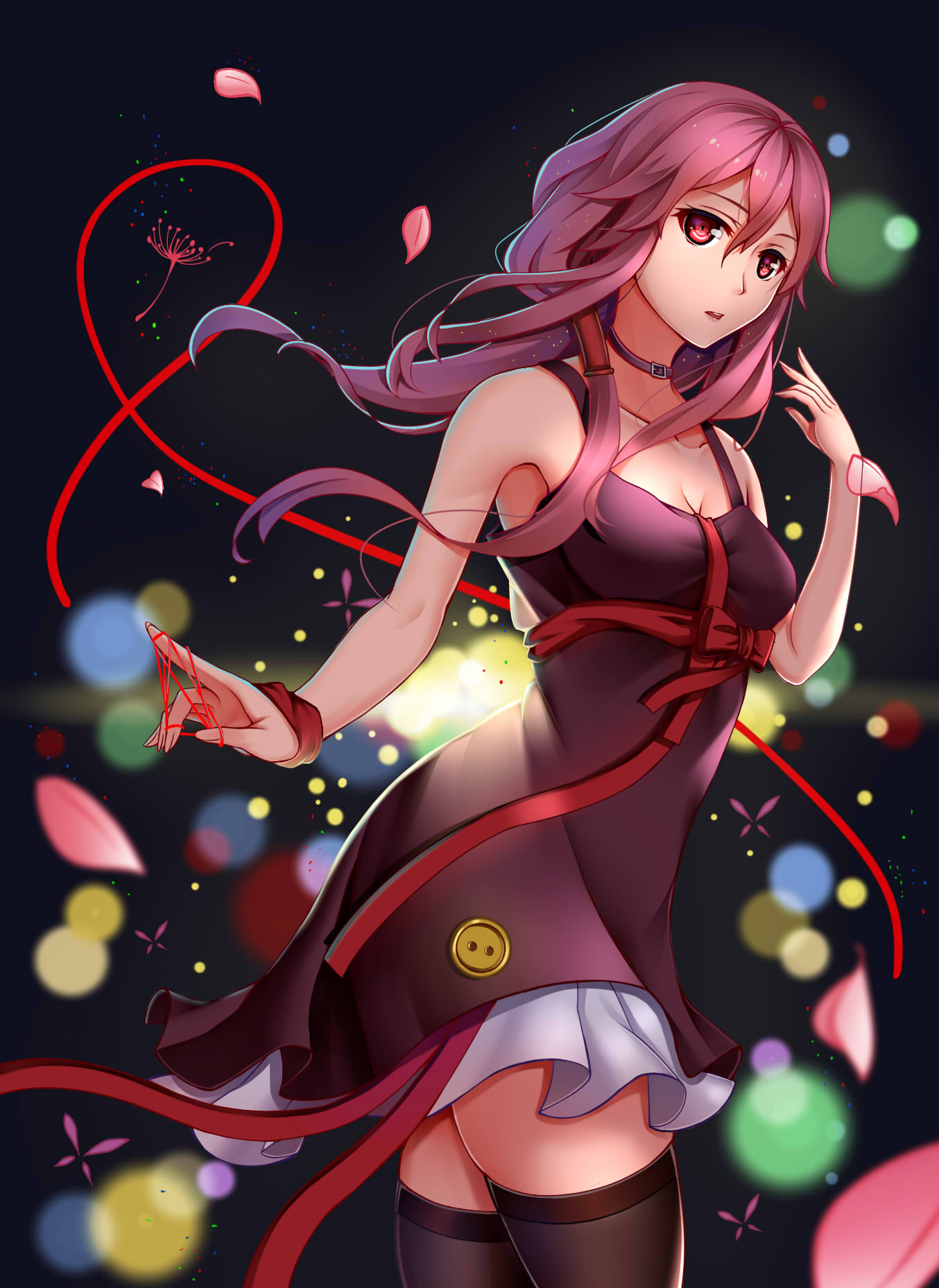 1girl, aira5, bare_shoulders, black_legwear, breasts, cat's_cradle, choker, dress