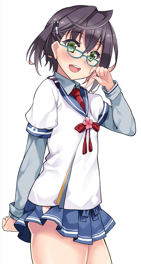 1girl, ahoge, alternate_costume, arm_behind_back, blue-framed_eyewear, blue_skirt, blush, brown_hair