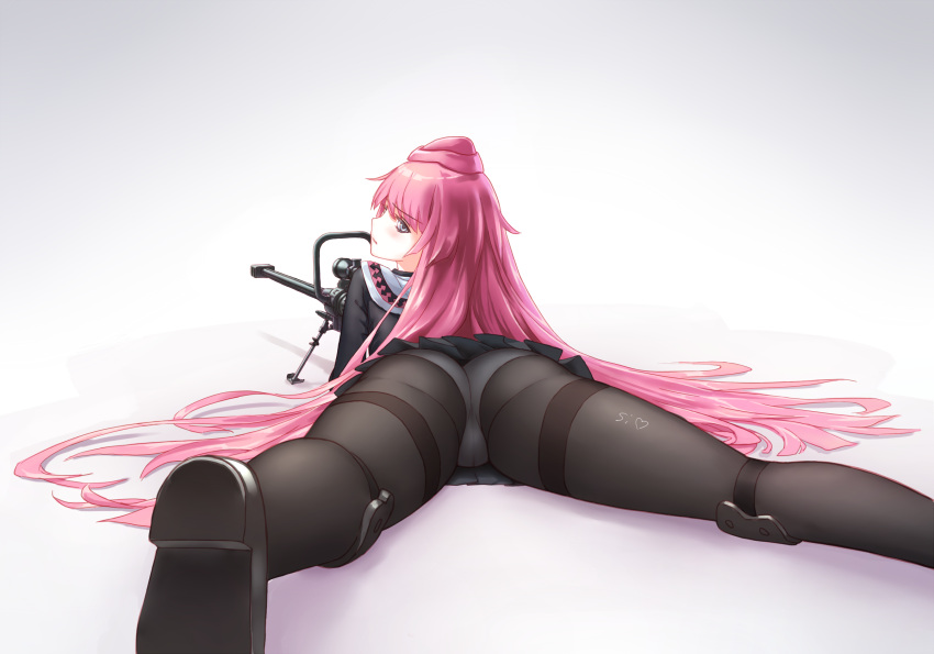 1girl, anti-materiel_rifle, ass, black_legwear, black_shoes, black_skirt, blue_eyes, body_writing, eyebrows, eyebrows_visible_through_hair, from_behind, girls_frontline, gun, hat, highres, knee_pads, long_hair, long_sleeves, looking_at_viewer, looking_back, lying, miniskirt, ntw-20, ntw-20_(girls_frontline), on_stomach, panties, panties_under_pantyhose, pantyhose, pink_hair, pink_hat, pleated_skirt, rifle, shoe_soles, shoes, si_(ruanmumu), skirt, sniper_rifle, solo, spread_legs, thigh_strap, underwear, very_long_hair, weapon, white_panties