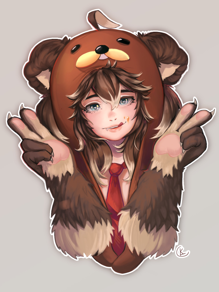 1girl, :q, ahoge, animal_ears, barb-tan, bear_ears, bear_hood, blonde_hair, blue_eyes, borrowed_character, brown_fur, brown_hair, claws, double_v, fang_out, fur, gradient_hair, head_tilt, heart, heart-shaped_pupils, highres, honey, looking_at_viewer, lucky_clover_(luckyxclover), multicolored_hair, necktie, original, paws, signature, simple_background, solo, symbol-shaped_pupils, tongue, tongue_out, two-tone_hair, upper_body, v