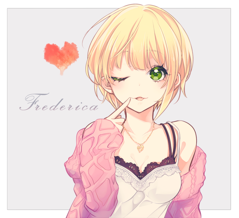 1girl, blonde_hair, breasts, character_name, cleavage, finger_to_mouth, green_eyes, heart