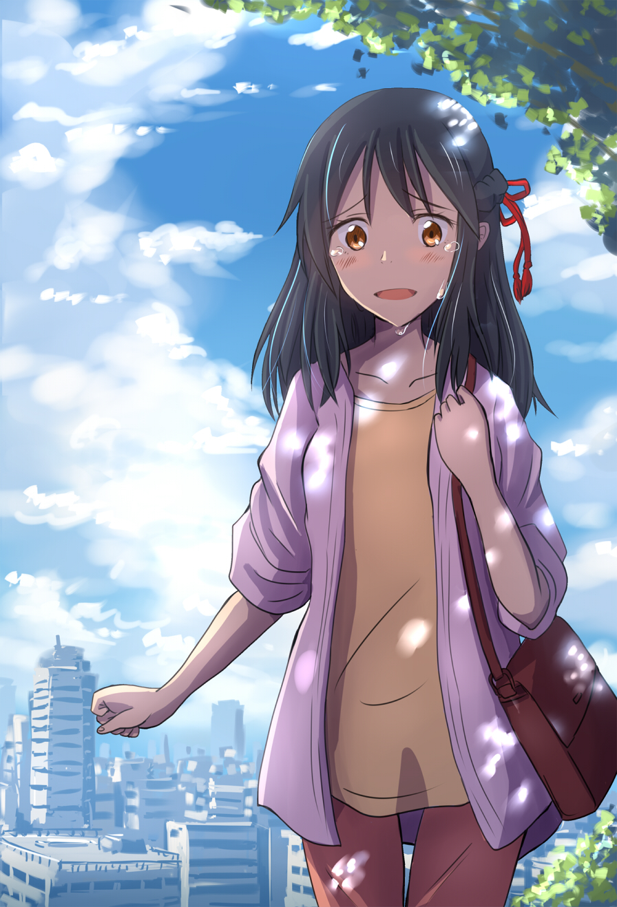 1girl, bag, black_hair, brown_eyes, hair_ribbon, highres, kimi_no_na_wa, long_hair