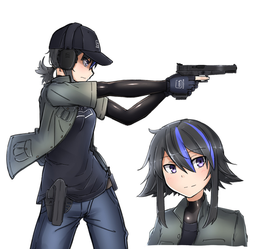 1girl, aiming, black_hair, blue_eyes, blue_hair, bodysuit, denim, earmuffs