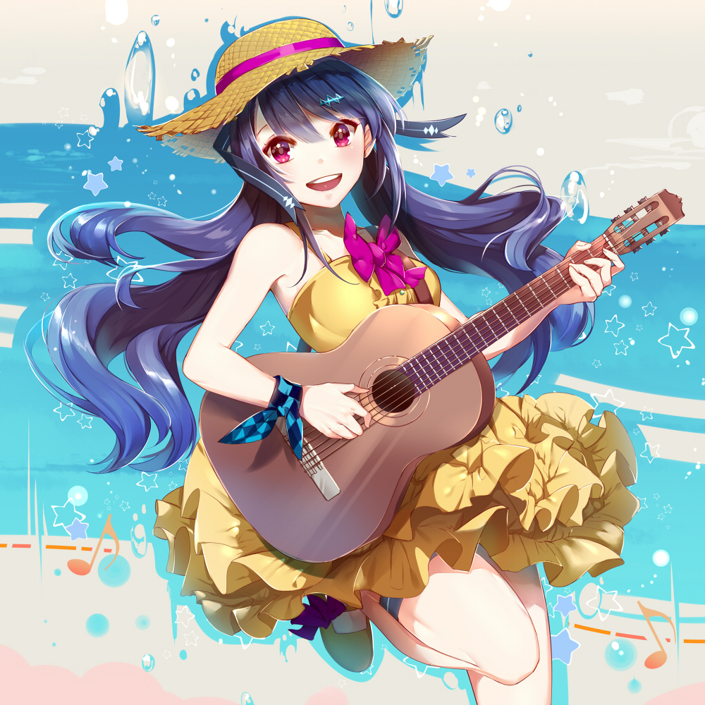 1girl, :d, acoustic_guitar, bare_shoulders, blush, bow, breasts, checkered