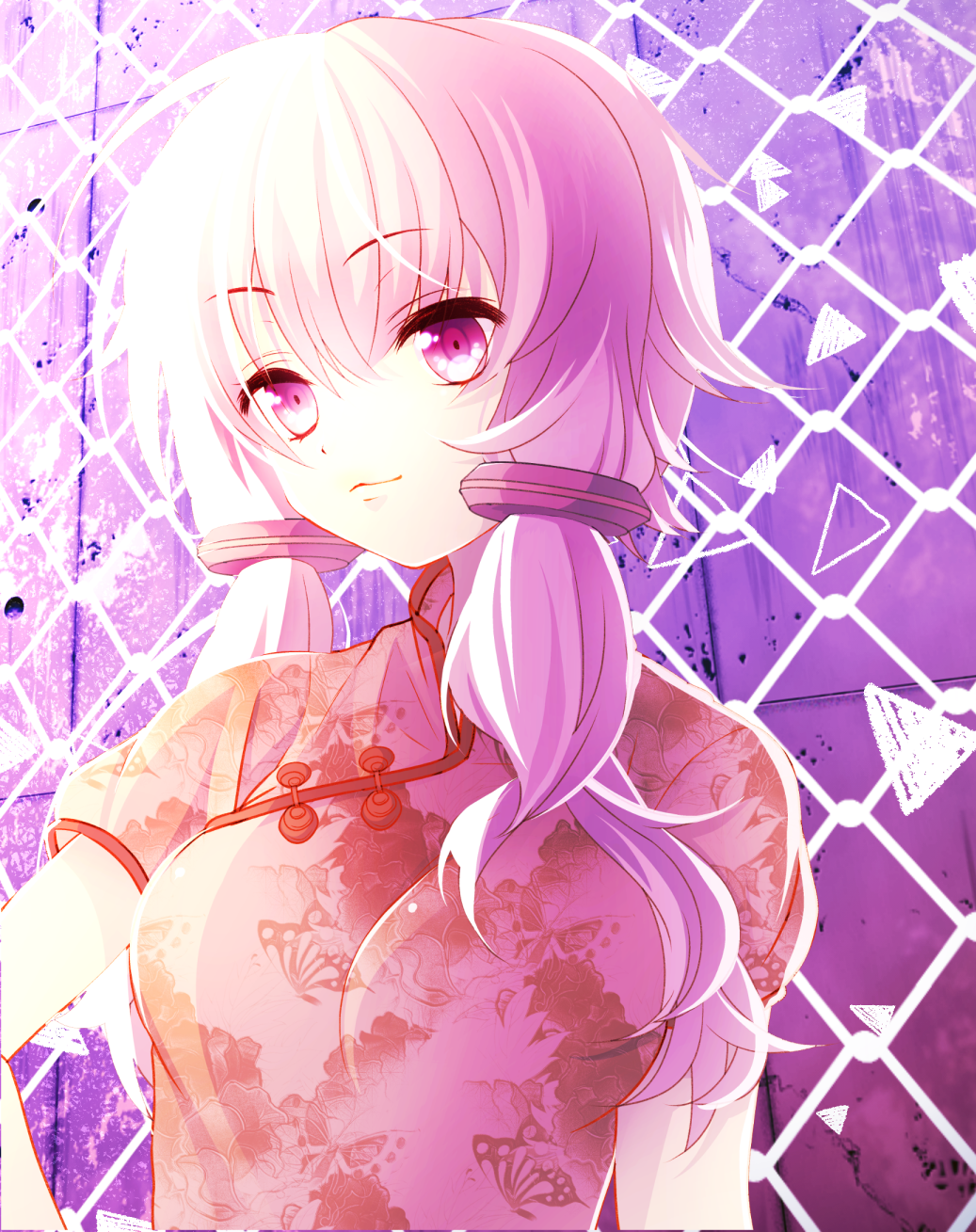 1girl, chinese_clothes, highres, looking_at_viewer, mofuruo, purple_hair, solo, twintails