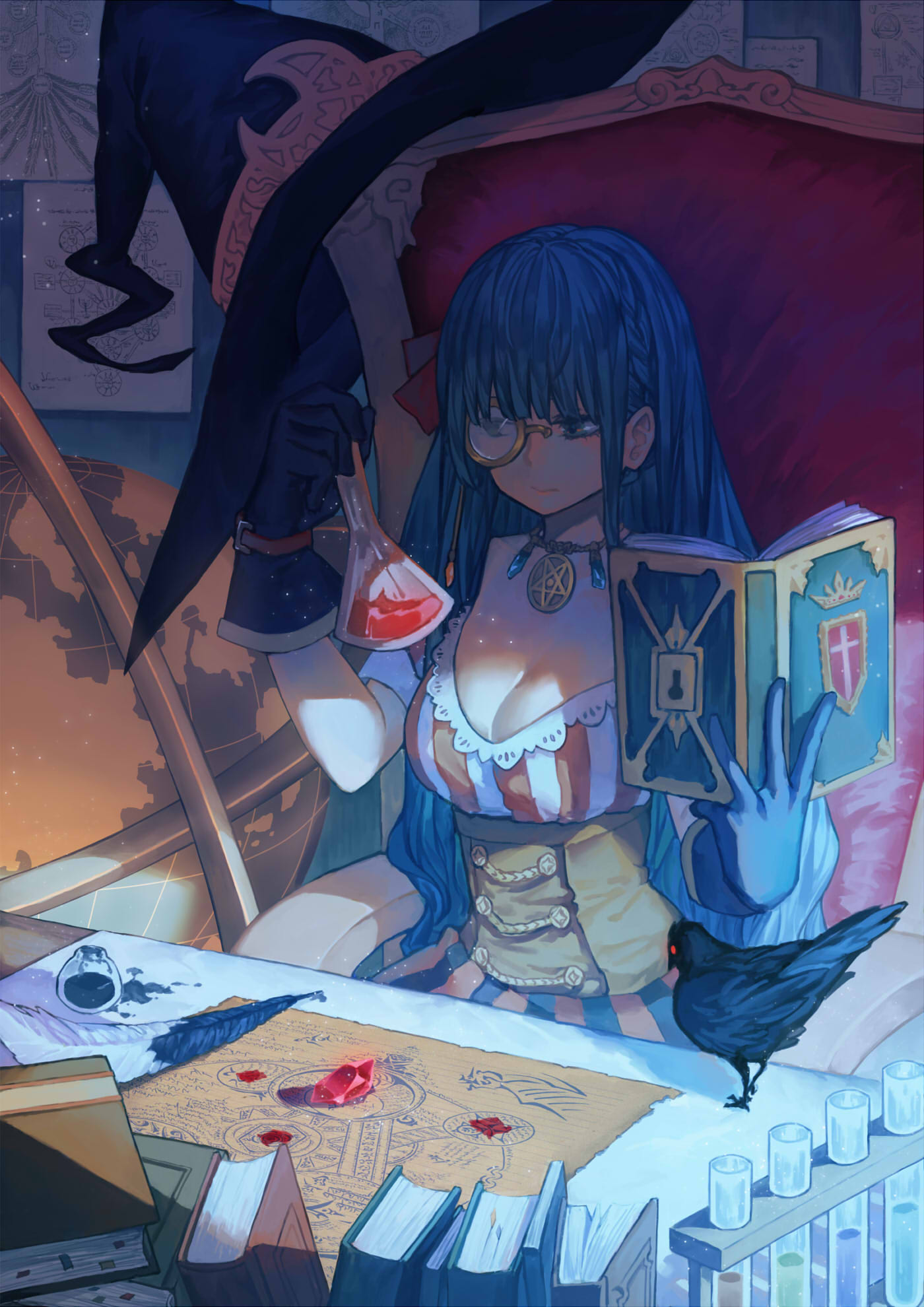 1girl, bird, black_gloves, blue_eyes, blue_hair, book, breasts, cleavage
