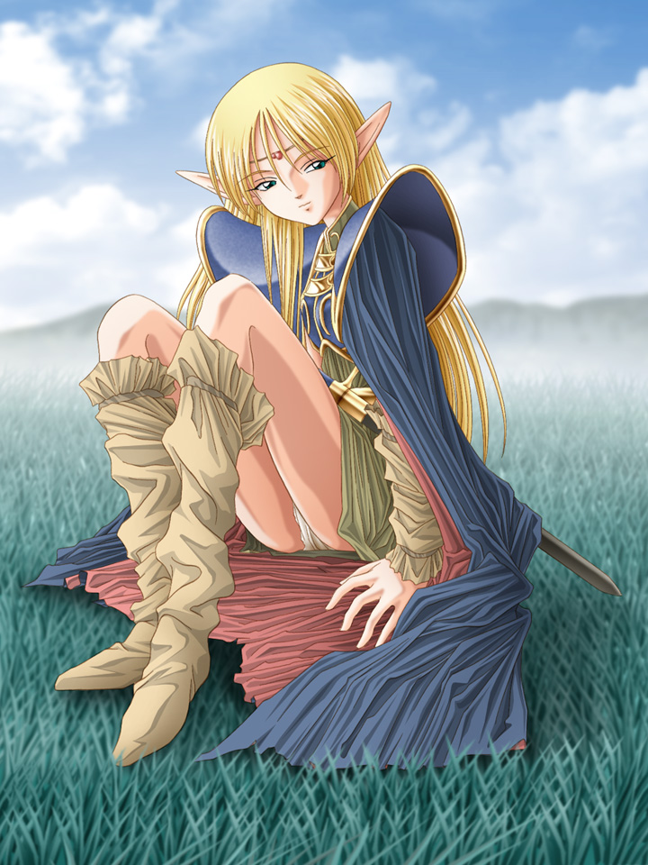 bad_id, blonde_hair, boots, cape, circlet, cloud, clouds, deedlit