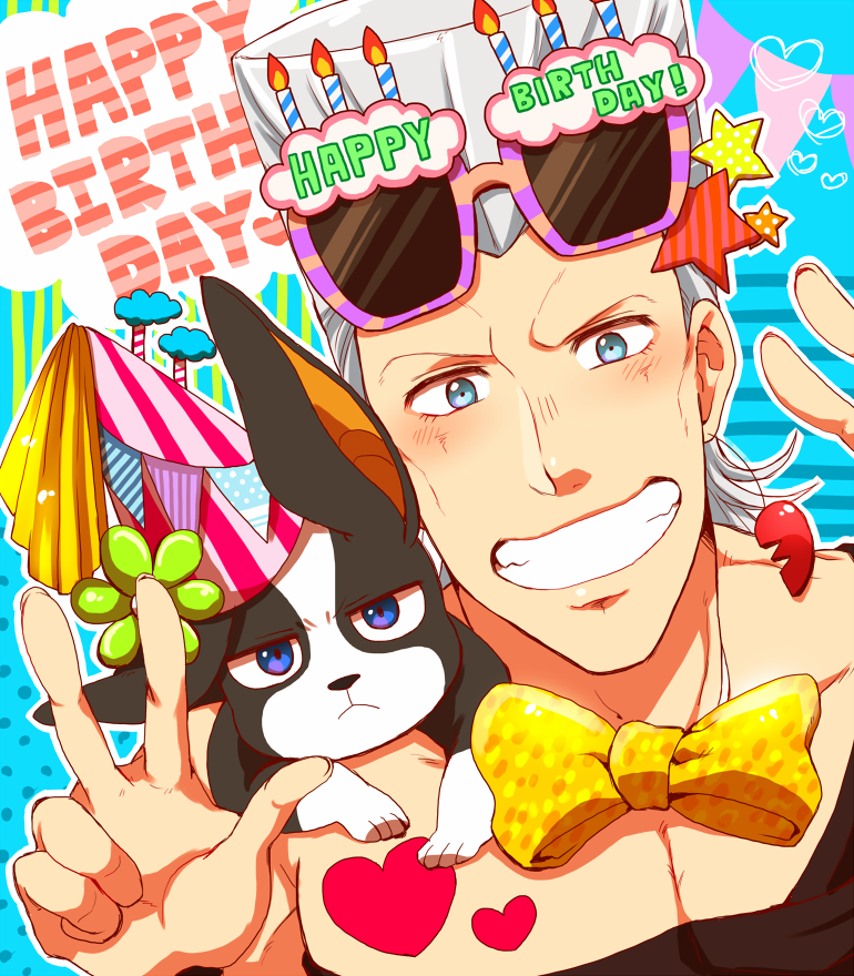 1boy, animal, animal_on_shoulder, blue_eyes, bow, bowtie, detached_collar, dog