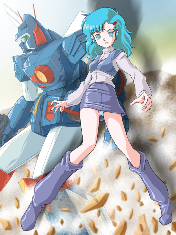 aqua_hair, boots, child, elchi_cargo, hair_ornament, hairclip, mecha, miniskirt, oldschool, panties, pantyshot, sentou_mecha_xabungle, skirt, underwear, upskirt, walker_machine, xabungle_(mecha), zummy, zummy-flyer