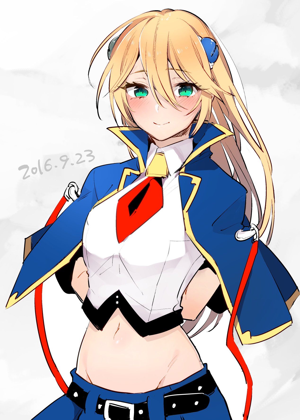 1girl, arms_behind_back, belt, blazblue, blazblue:_central_fiction, blonde_hair, blue_skirt, blush, capelet, dated, green_eyes, groin, hair_between_eyes, hair_ornament, highres, looking_at_viewer, midriff, navel, niimaru, noel_vermillion, skirt, smile, solo, uniform