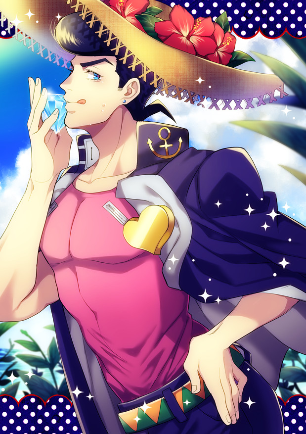 1boy, adam's_apple, anchor_symbol, aqua_eyes, collarbone, diamond, earrings, flower