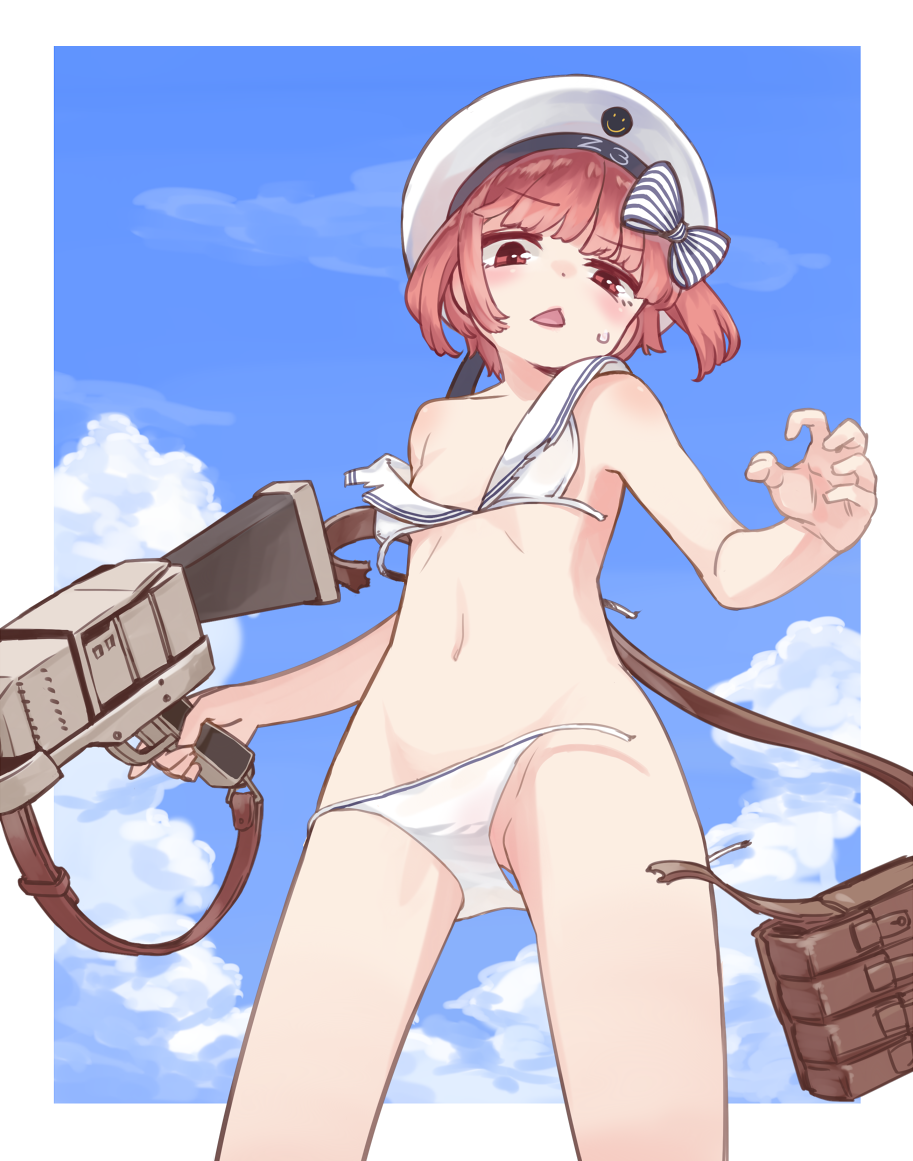 1girl, aa_gun, bikini, blue_sky, blush, bow, breasts, clouds