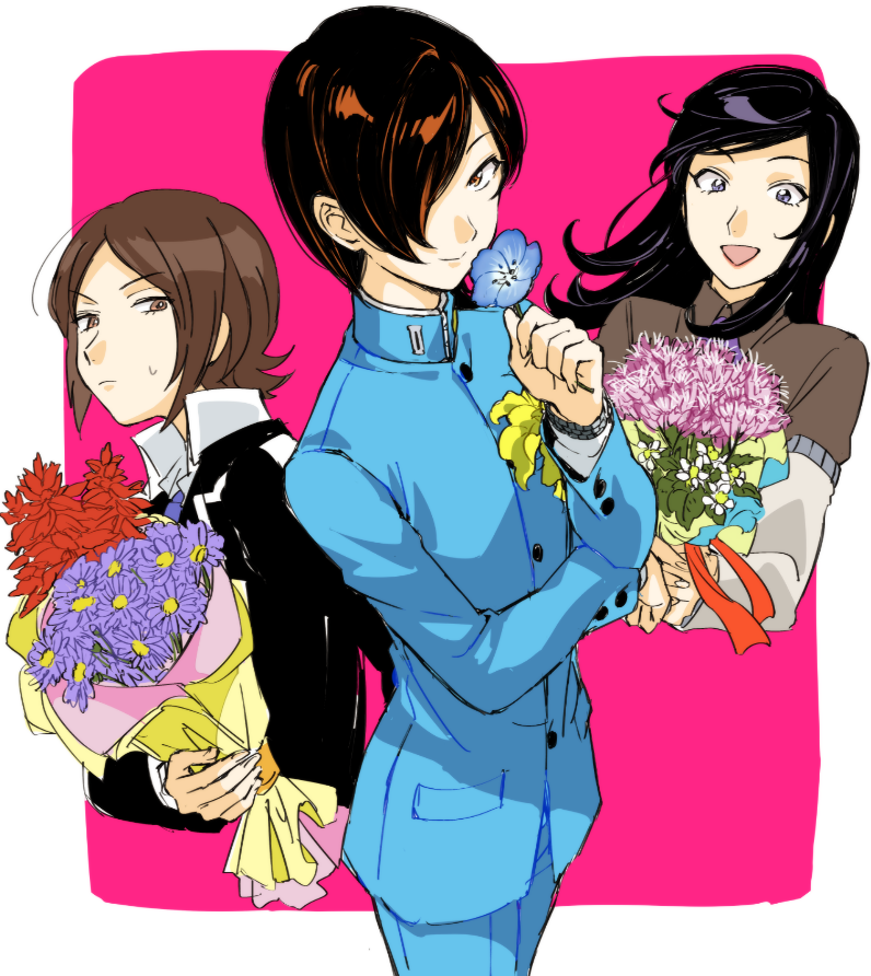 1girl, 2boys, aimai-me, amano_maya, black_hair, bouquet, brown_hair, flower