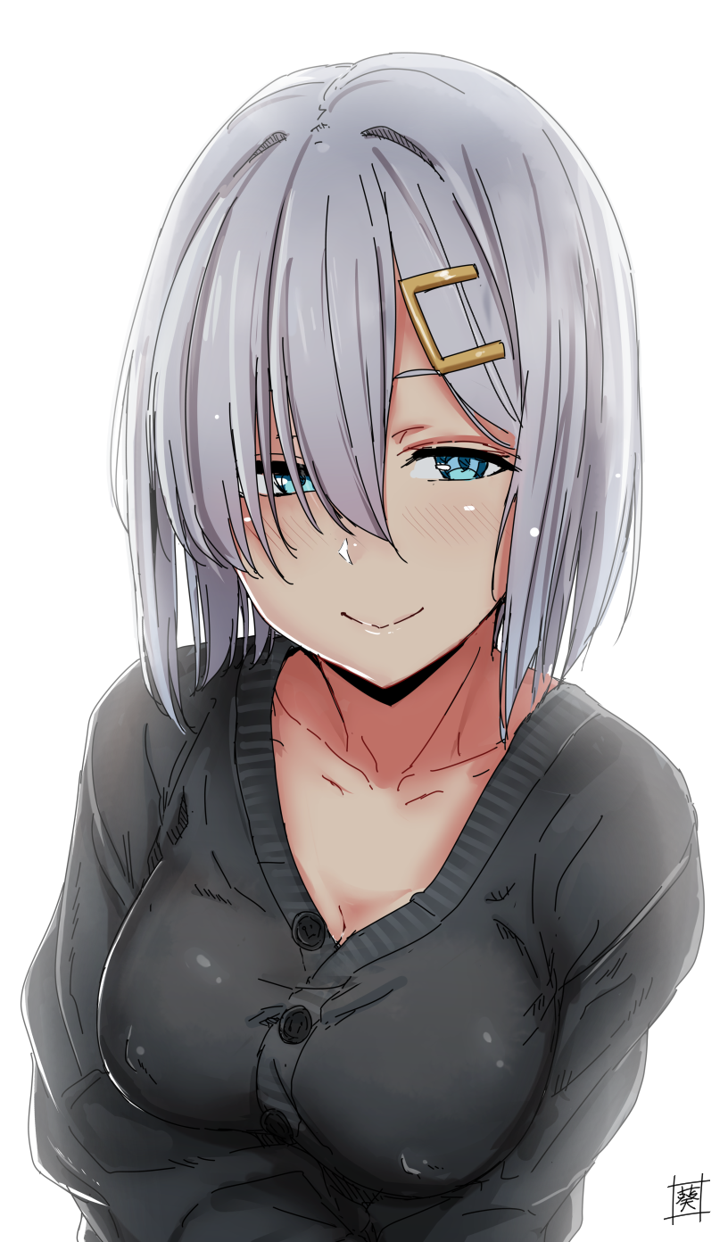 1girl, alternate_costume, blue_eyes, blush, breasts, bright_background, buttons, chizurusou_(tiduru_39)
