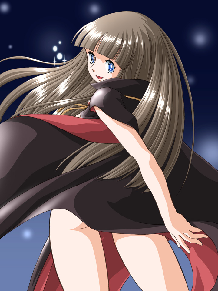 bangs, blue_eyes, blunt_bangs, brown_hair, cape, etou_ranze, hime_cut, long_hair