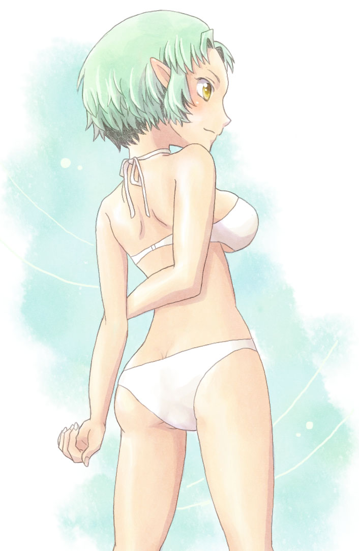 1girl, bikini, blue_hair, grandia, grandia_xtreme, inago_(nagoiti), pointy_ears, solo