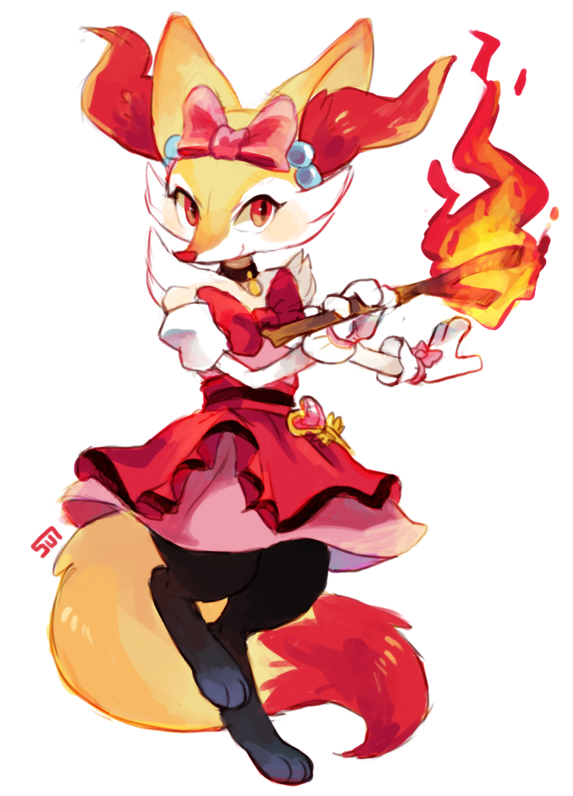bow, braixen, choker, dress, fire, flame, fug_(4chan), hair_bow, no_humans, pink_skirt, pokemon, serena_(pokemon)_(cosplay), skirt, solo, standing, standing_on_one_leg, white_background