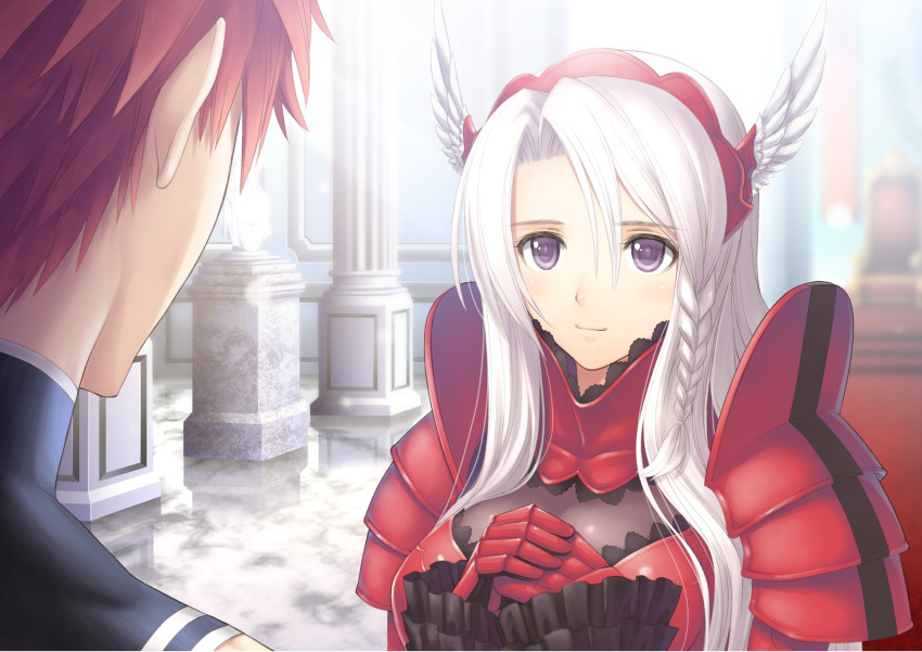 1boy, 1girl, armor, armored_dress, bare_shoulders, black_shirt, blade_arcus_from_shining, blurry_background