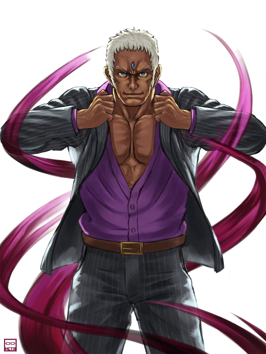 1boy, abs, aura, blue_eyes, dark_skin, forehead_jewel, formal, highres