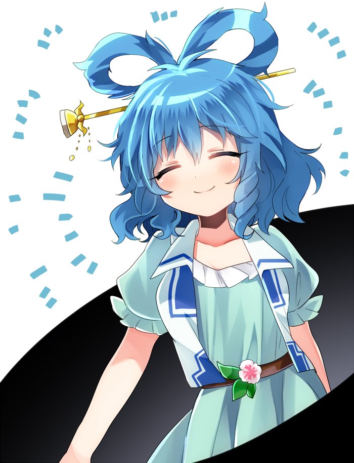 1girl, ^_^, belt, blue_dress, blue_hair, blush, closed_eyes, closed_mouth