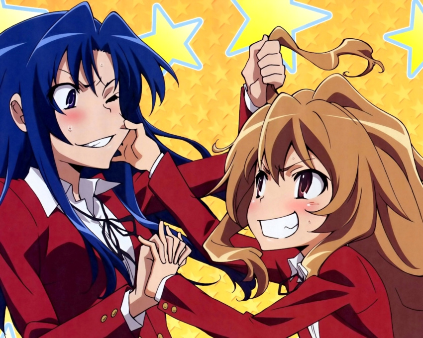 blue_hair, brown_eyes, brown_hair, cheek_tug, face_tug, grin, hair_pull, kawashima_ami, long_hair, official_art, purple_eyes, school_uniform, smile, toradora!, violet_eyes