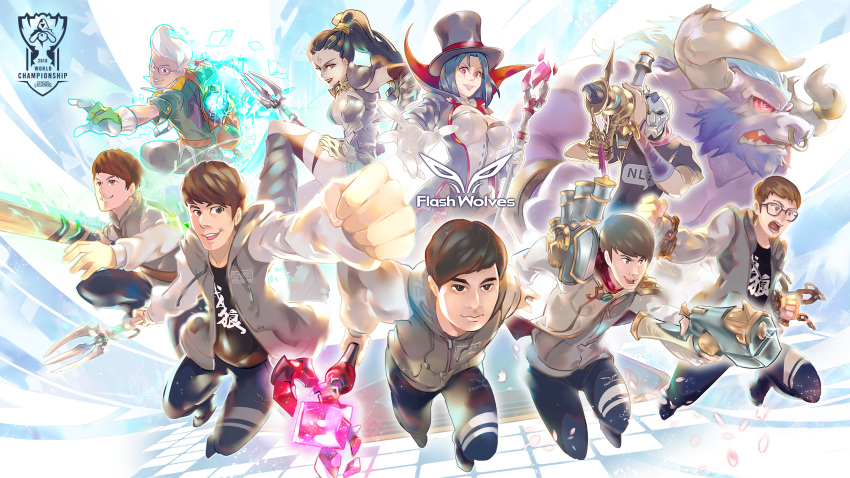 2girls, 6+boys, aa2233a, alistar_(league_of_legends), alternate_costume, baton, brown_eyes, brown_hair, chain, copyright_name, ekko_(league_of_legends), emilia_leblanc, facial_mark, flash_wolves, forehead_mark, foreshortening, full_body, glasses, gloves, green_gloves, grin, gun, headband, headhunter_nidalee, highres, holding, holding_staff, hood, hoodie, jhin, league_of_legends, makeup, mask, multiple_boys, multiple_girls, nidalee, nl, nose_ring, open_mouth, outstretched_hand, parted_lips, polearm, red_eyes, running, shirt, smile, staff, t-shirt, trident, weapon, white_gloves, white_hair