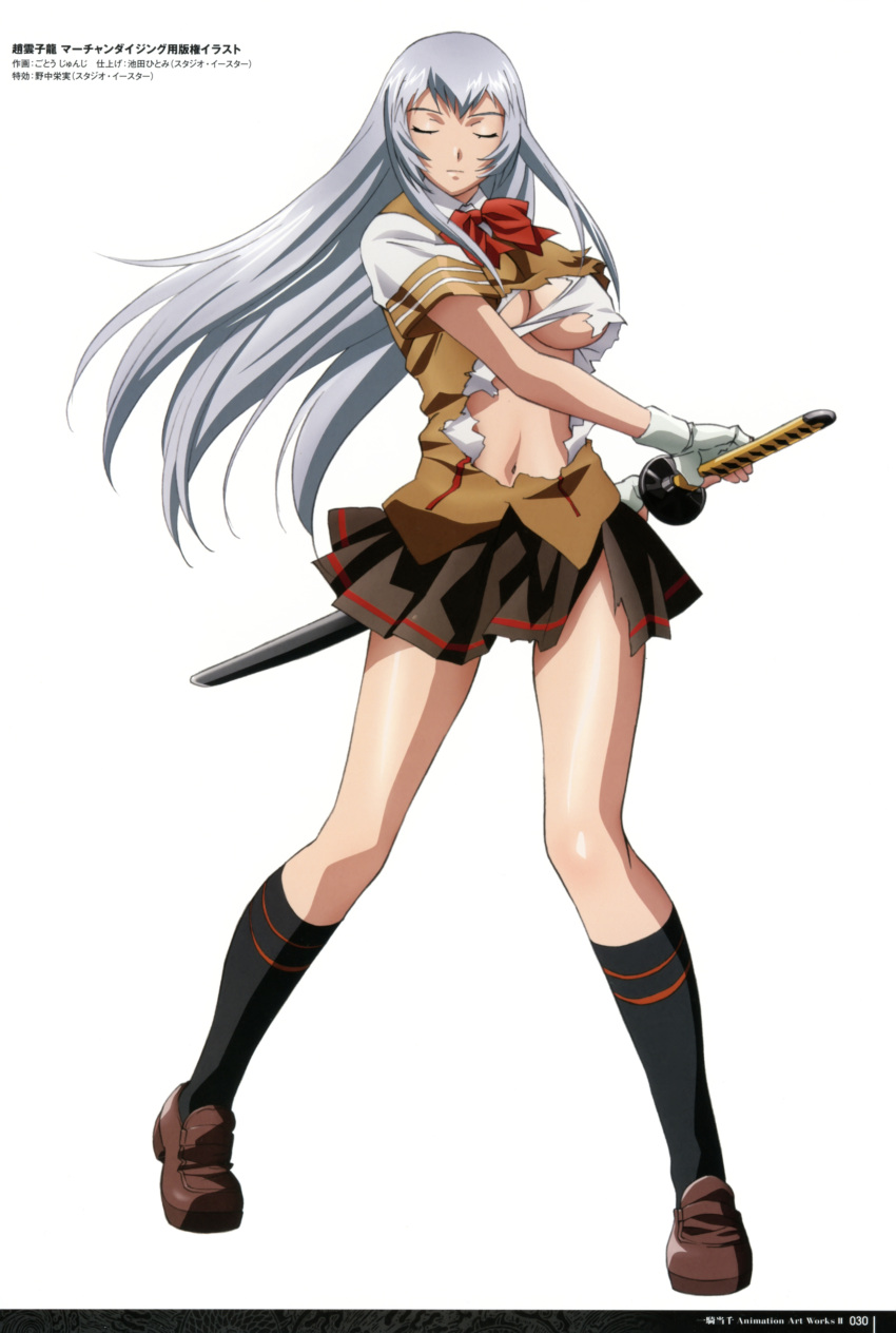 1girl, absurdres, black_legwear, breasts, brown_skirt, chouun_shiryuu, cleavage, closed_eyes