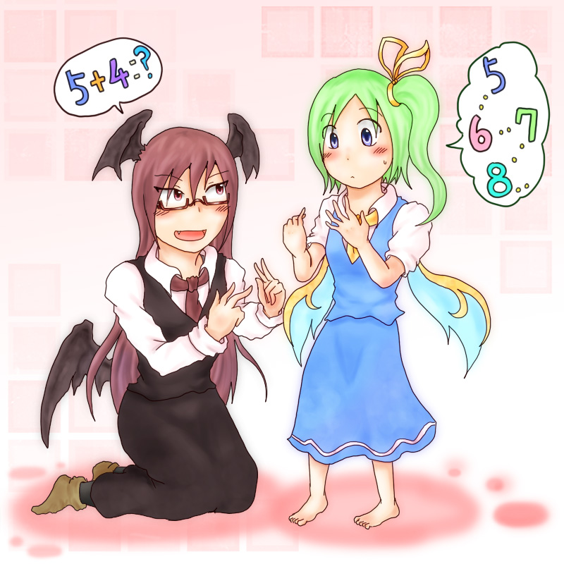 >:d, 2girls, :d, ascot, barefoot, bat_wings, bespectacled, black_legwear