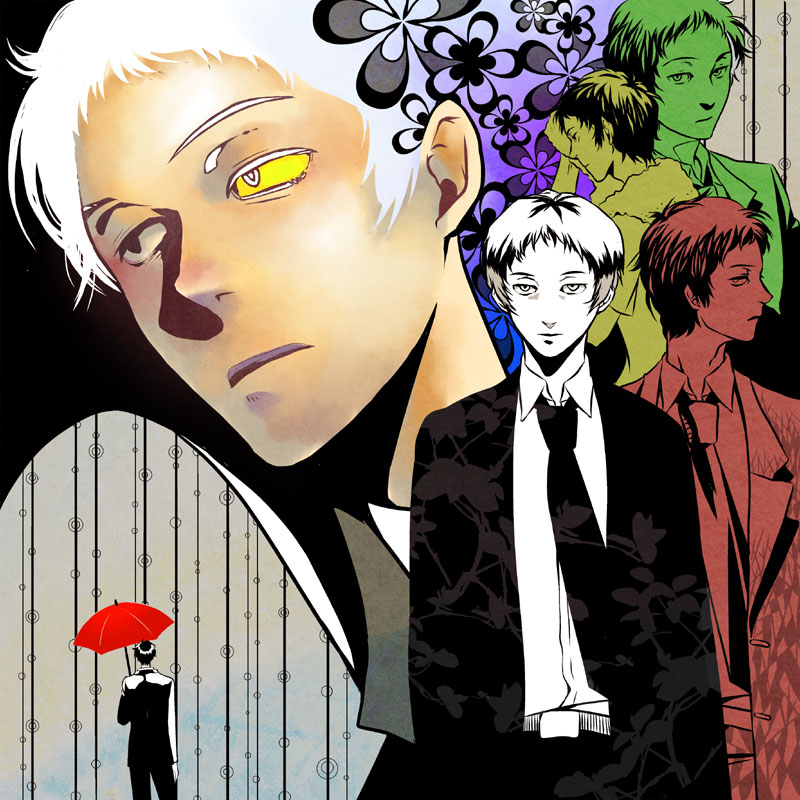 adachi_tohru, male, persona, persona_4, umbrella, yellow_eyes, yoshii_kyoko
