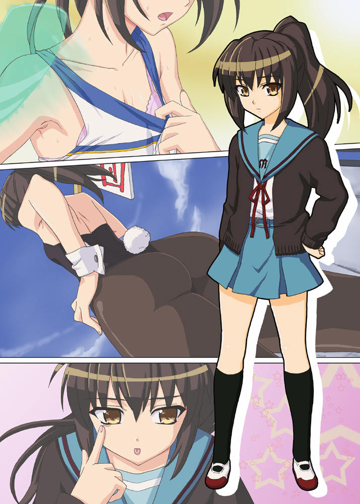 ass, bra, brown_eyes, brown_hair, brown_pantyhose, bunny_ears, bunnysuit, cardigan