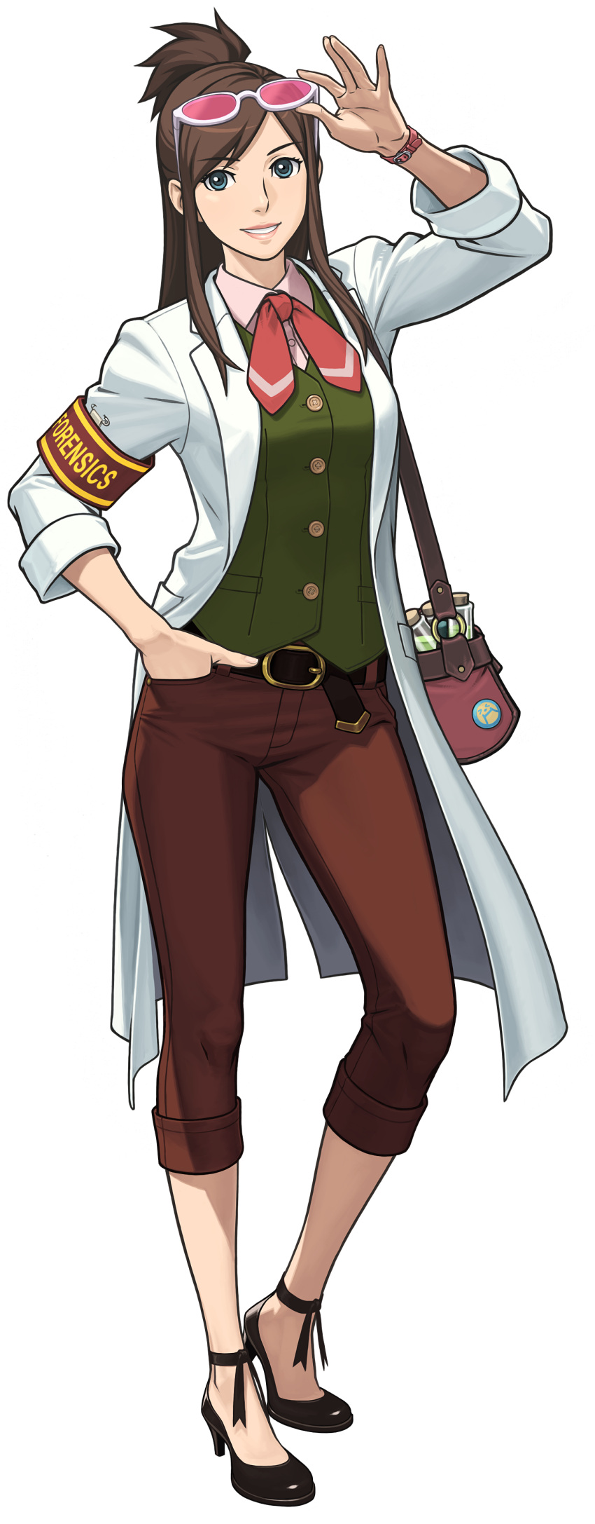 1girl, absurdres, bag, black_shoes, blue_eyes, brown_hair, brown_pants, capri_pants