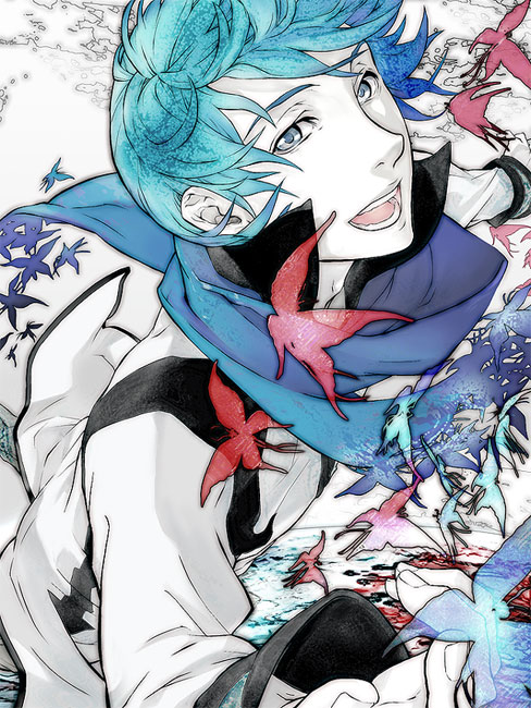 blue_hair, butterfly, byakkoya_no_musume, coat, crossover, kaburaya, kaito, male, open_mouth, paprika, scarf, vocaloid, wind