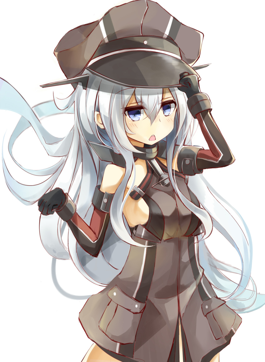 1girl, :<, absurdres, anchor_symbol, bismarck_(kantai_collection), bismarck_(kantai_collection)_(cosplay), black_gloves, black_hat