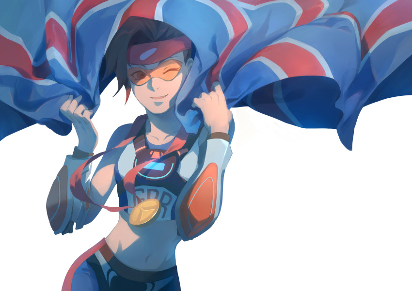 1girl, absurdres, alternate_costume, bare_shoulders, brown_eyes, brown_hair, cowboy_shot, crop_top, flag, goggles, groin, harness, headband, highres, medal, midriff, navel, open_mouth, overwatch, short_hair, shorts, simple_background, smile, solo, spiky_hair, sprinter_tracer, stomach, strap, tracer_(overwatch), union_jack, vambraces, white_background