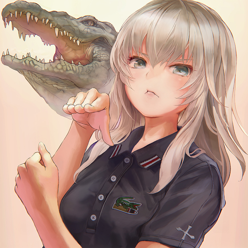 >:<, 1girl, alligator, animal, aqua_eyes, blonde_hair, brand_name_imitation, breasts